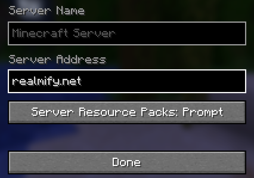 Minecraft Add Server screen: realmify.net in the Server address field