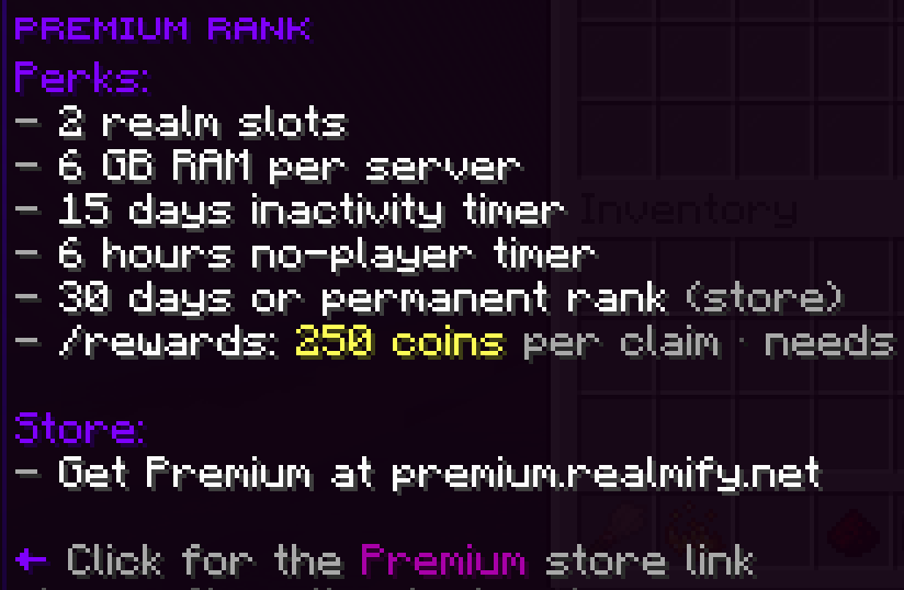 In-game Premium rank tooltip: perks and store link