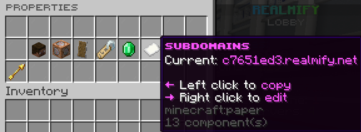 Realmify in-game menu: subdomains in Properties, copy and edit realmify.net address