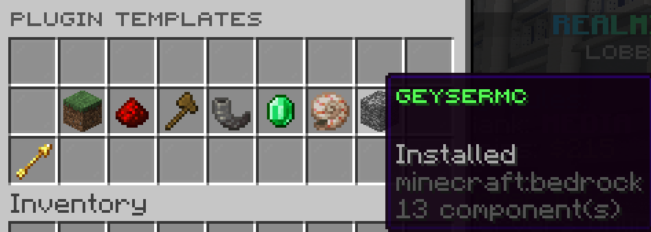 Realmify Plugin templates menu with one-click installs such as GeyserMC
